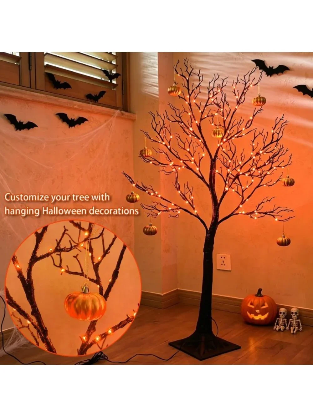 Spooky 4FT Halloween Tree Lights - 150 Orange LED, Plug-In Black Outdoor Decor